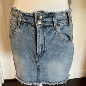 Light Blue Denim Mini Skirt with Frayed Hem